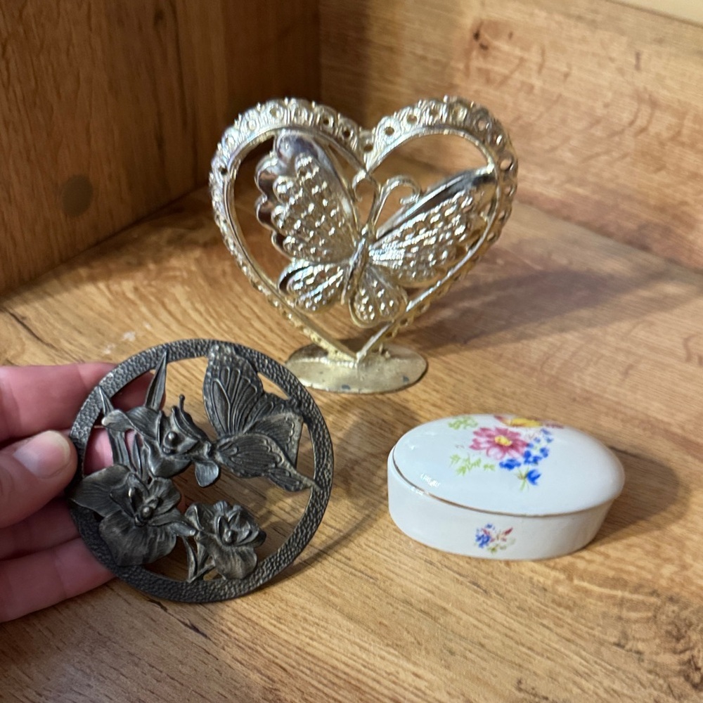 Gold Tone Butterfly Heart Earring holder candle topper and trinket box